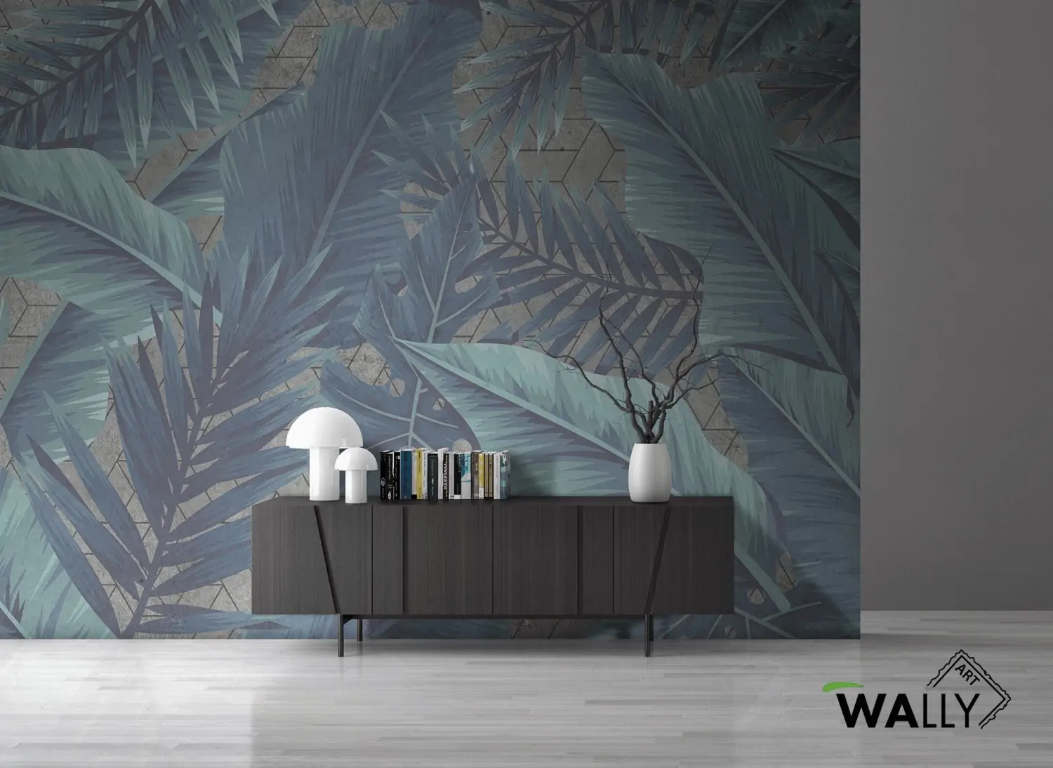 Carta da parati CAREN blu con foglie tropicali e motivi naturali