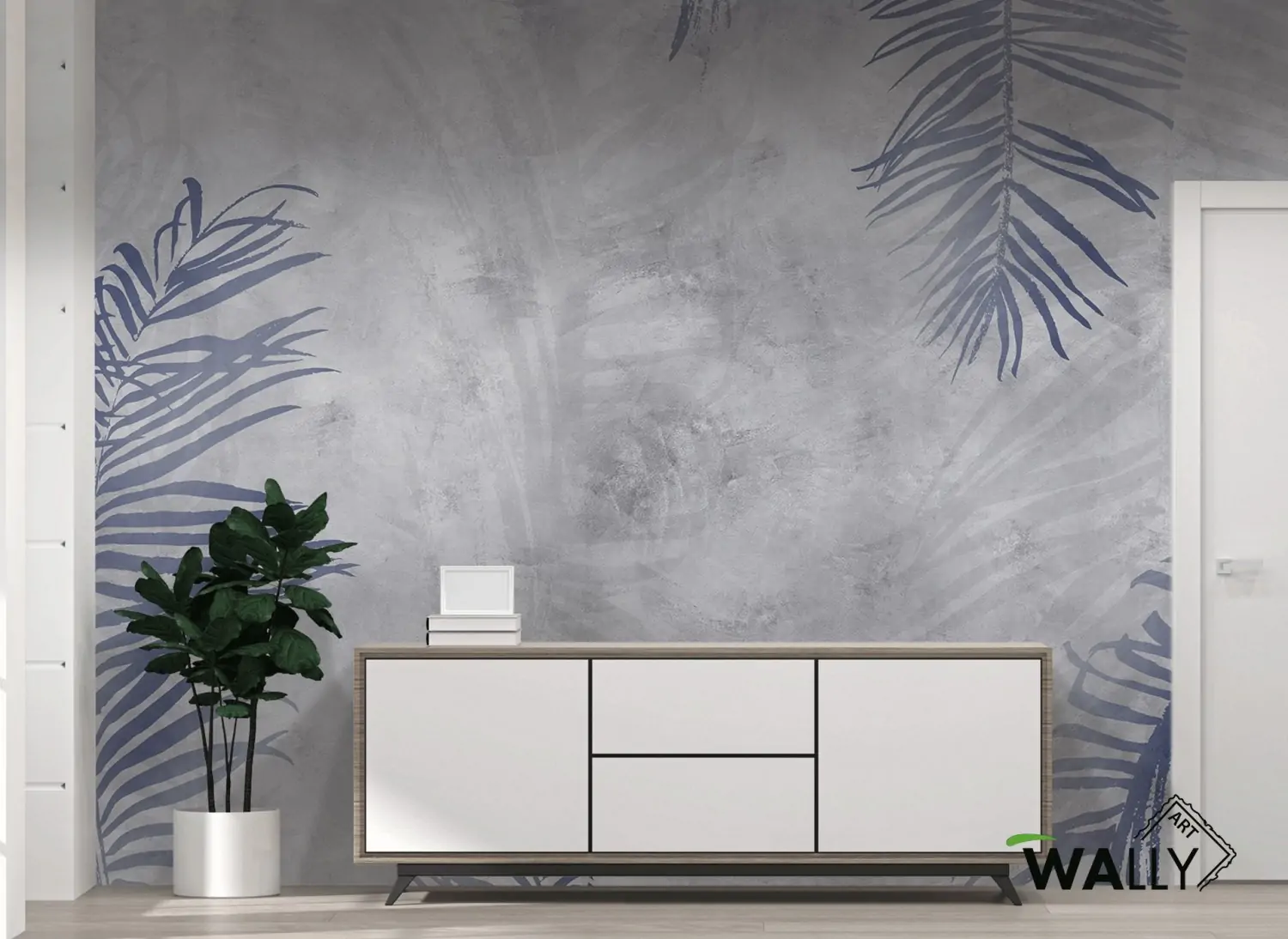 Carta da parati ARIA blu con foglie tropicali dal design elegante