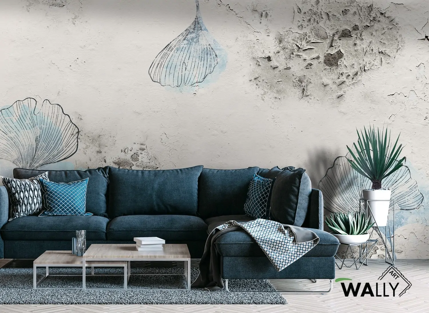 Carta da parati effetto cemento e ginko Escape WallyArt