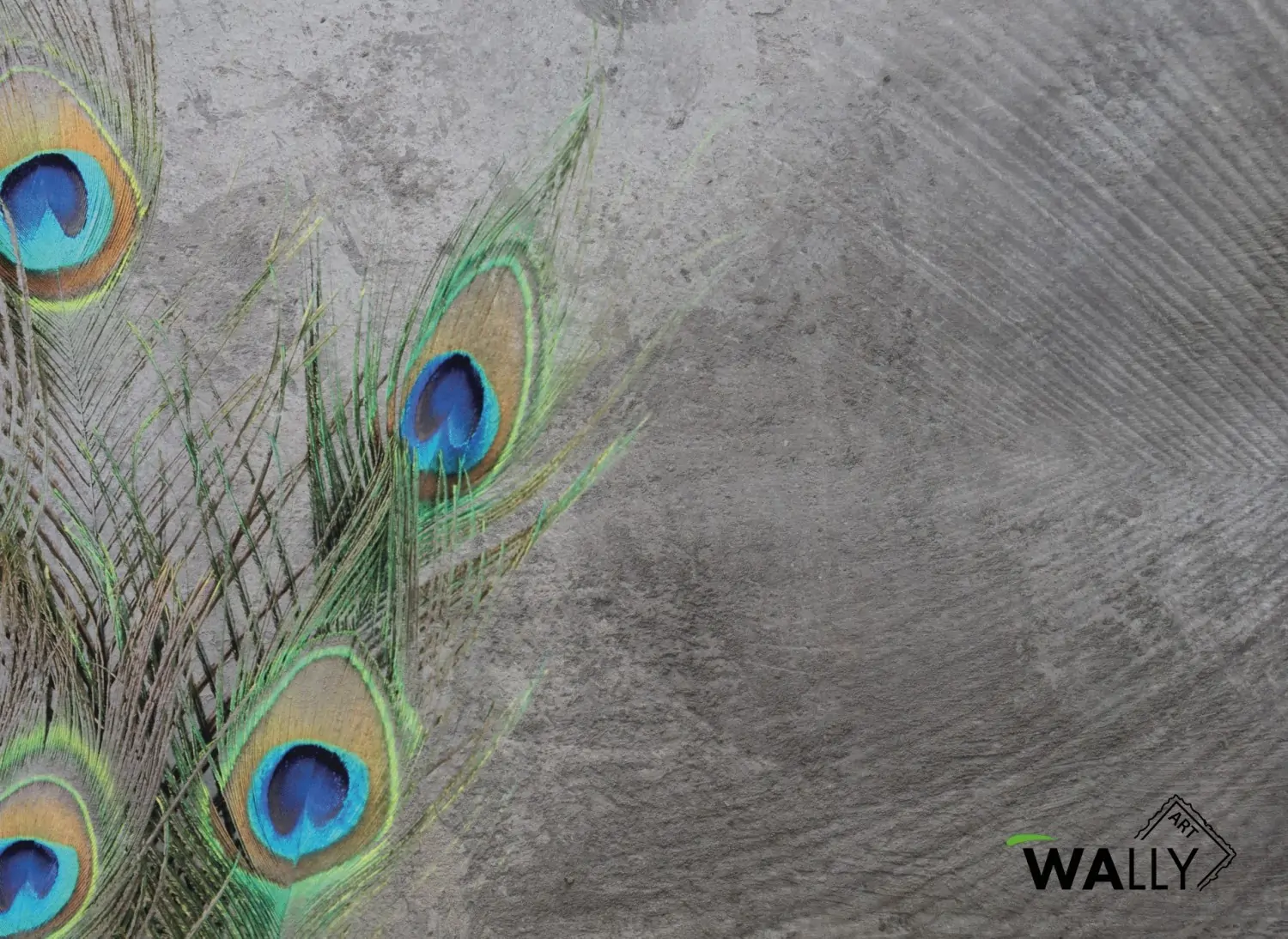 Carta da parati effetto cemento e piume di pavone Peacock WallyArt