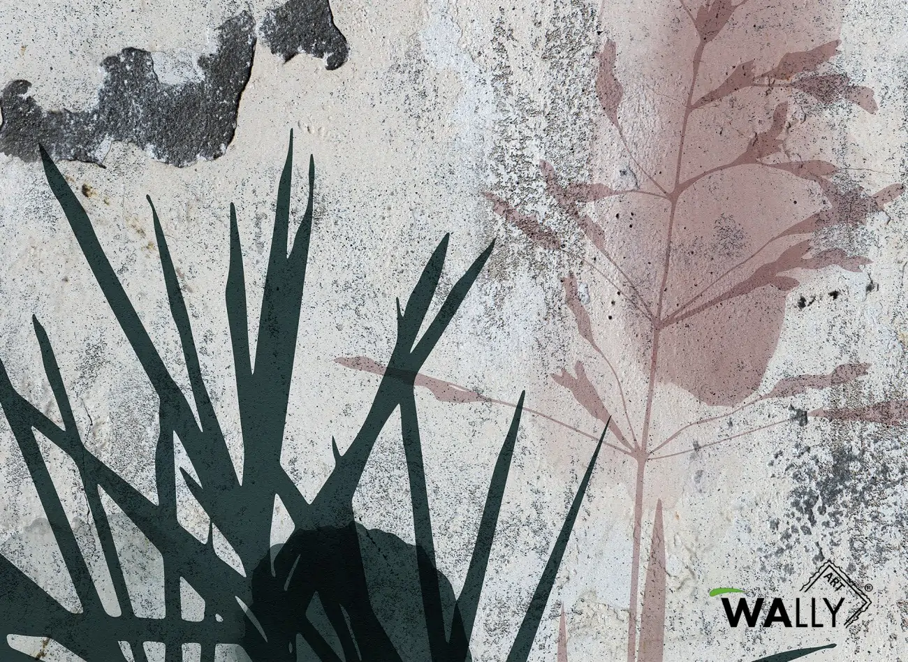 Carta da parati effetto cemento texture con elementi natura Anouk WallyArt
