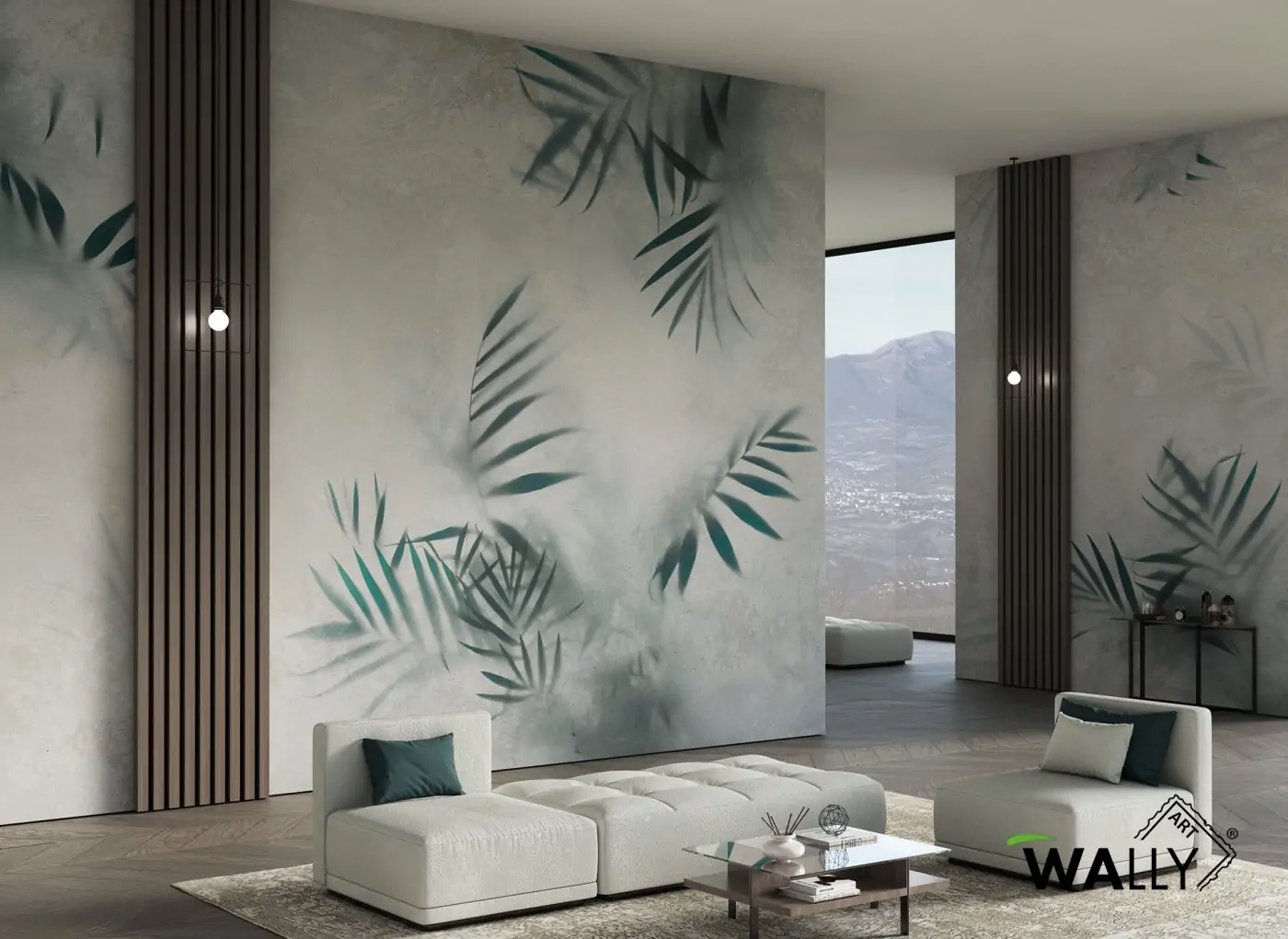 Carta da parati fondo chiaro e foglie tropicali modello Charlotte WallyArt