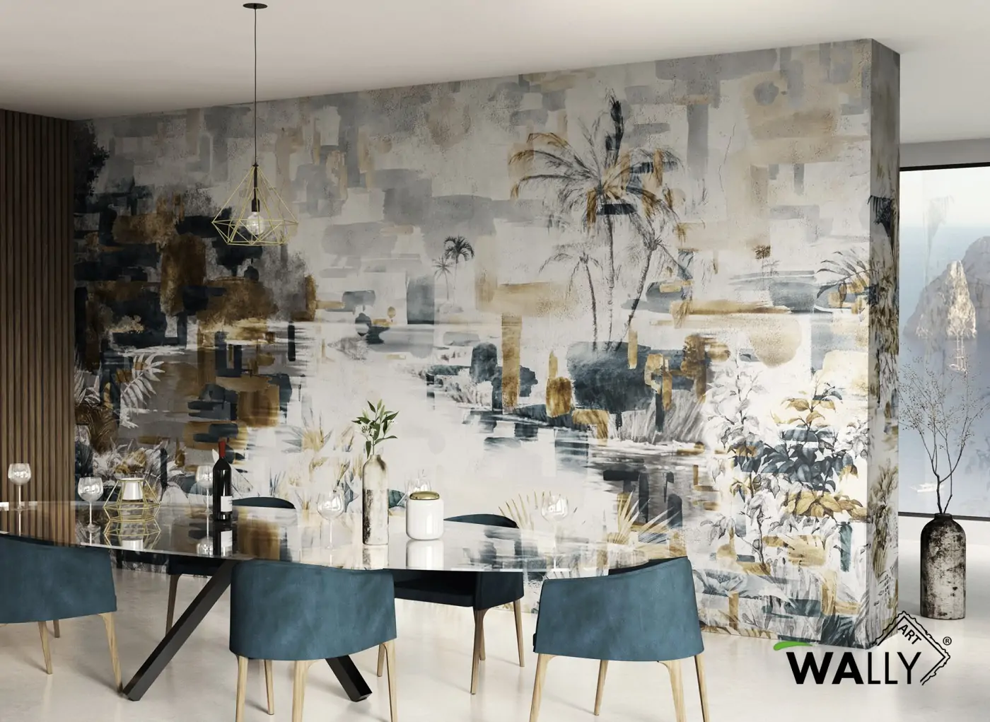 Carta da parati tropicale con foglie e motivi esotici modello Aruba WallyArt