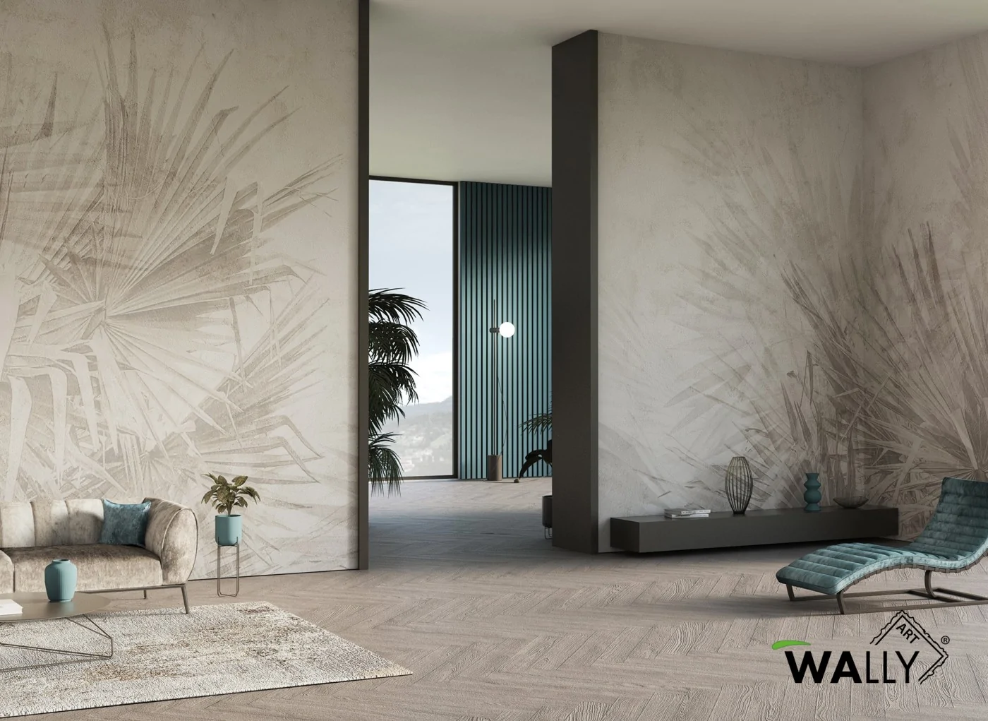 Carta da parati tropicale con palma a ventaglio modello Adele WallyArt