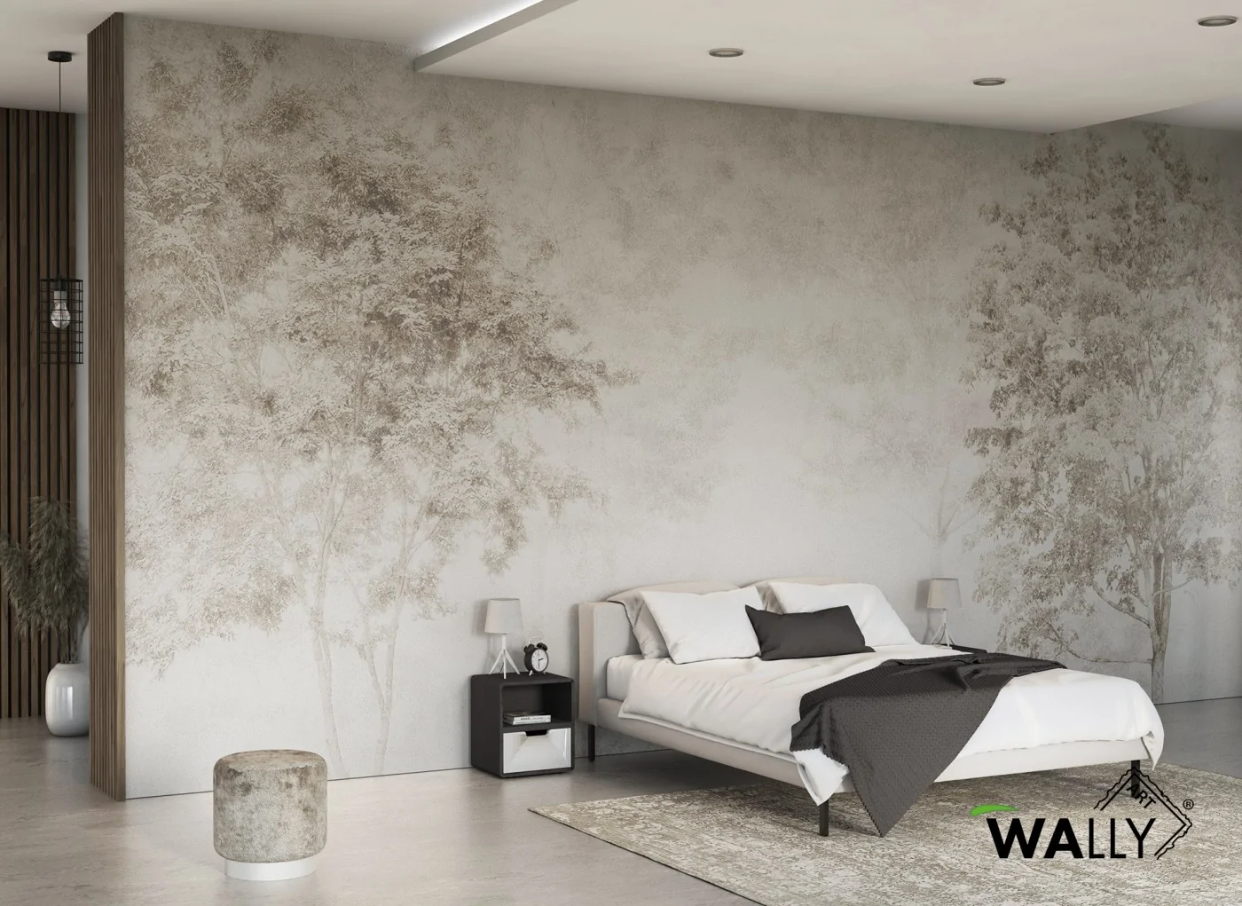 Carta da parati beige effetto naturale con motivi delicati di alberi modello VENUS per ambienti eleganti e raffinati