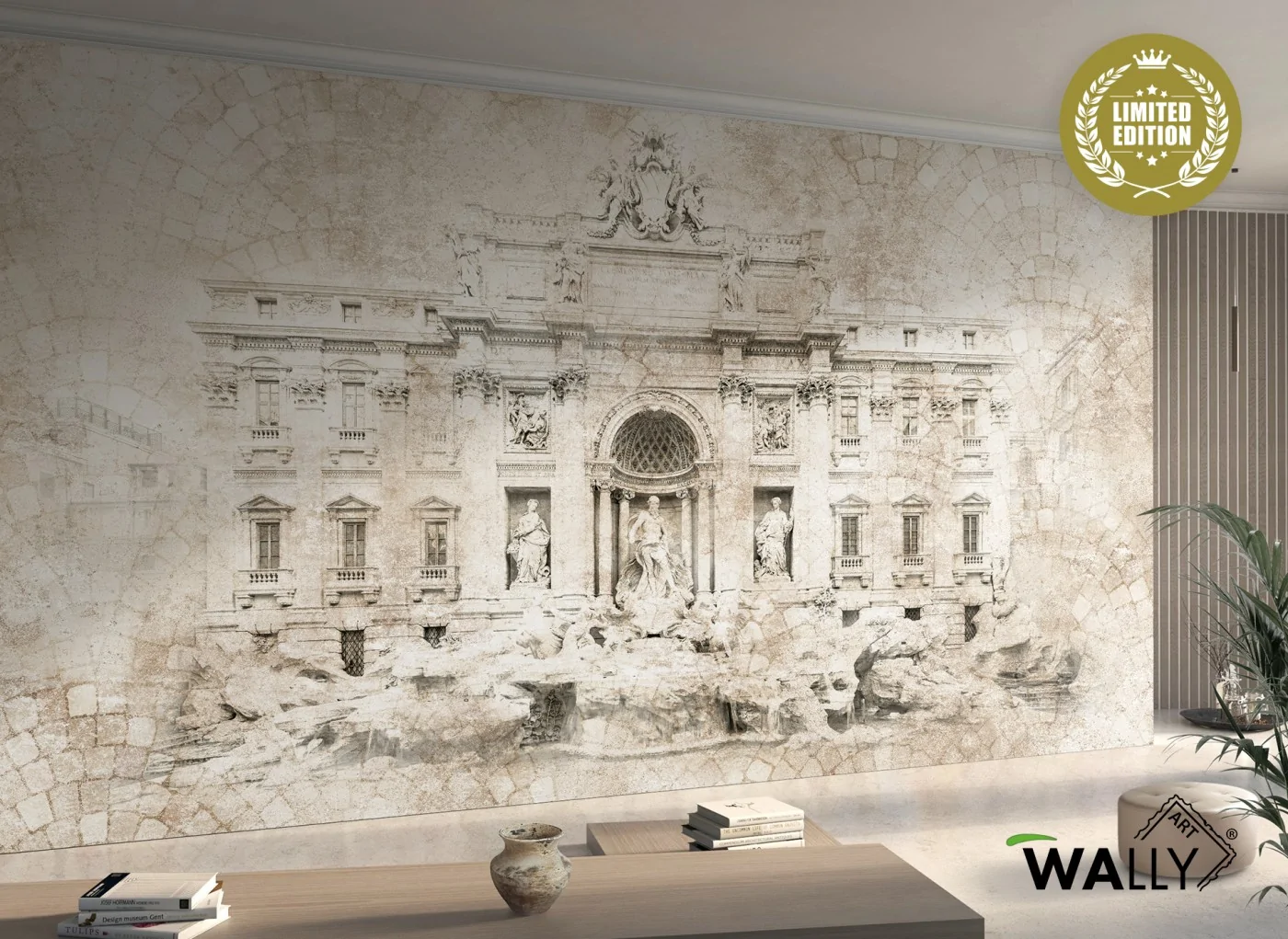 Carta da parati beige e sabbia con paesaggio Roma Fontana di Trevi design panoramico elegante per pareti moderne
