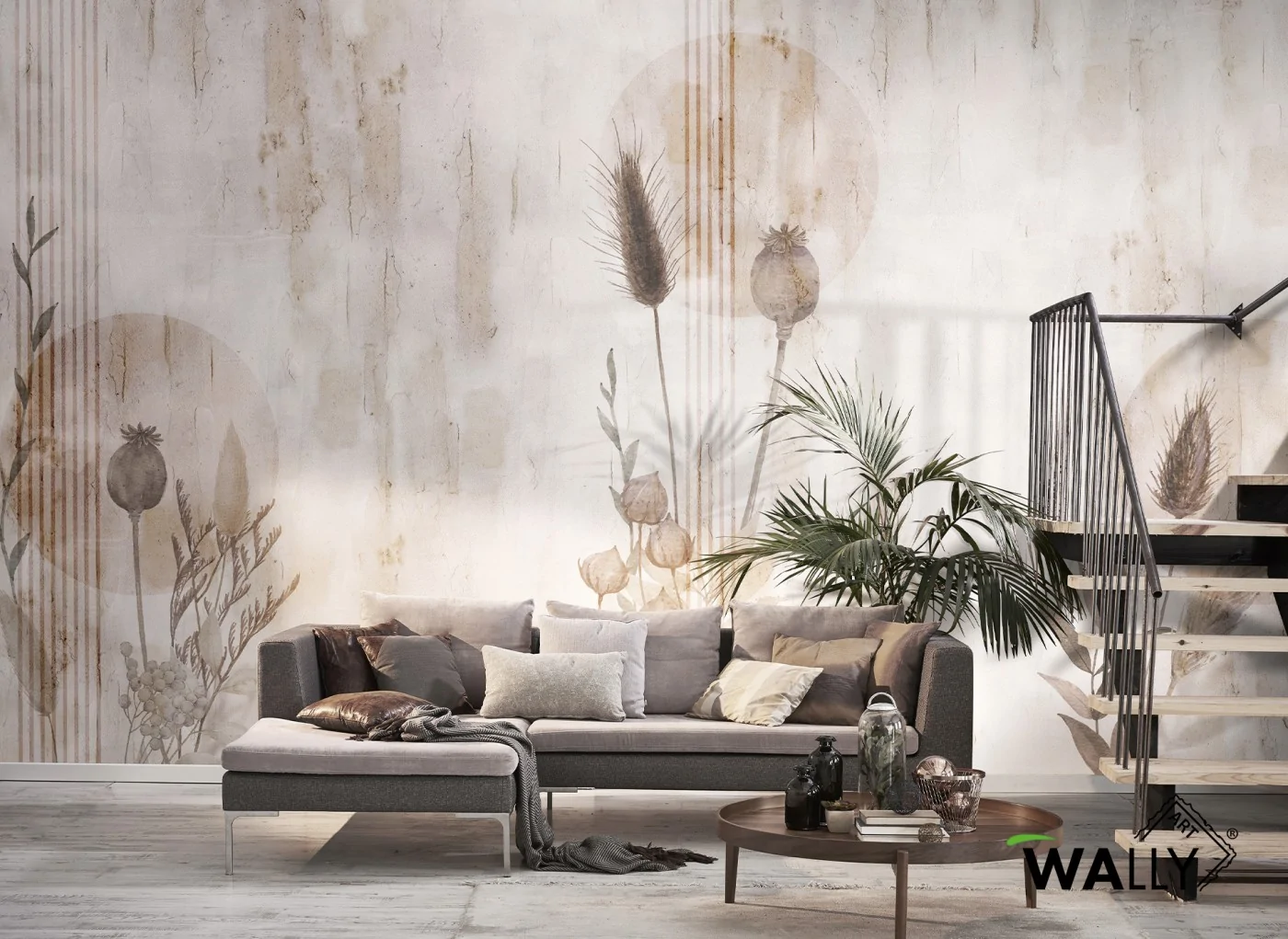 Carta da parati beige e sabbia con motivi naturali e geometrici modello BEA design elegante per pareti moderne