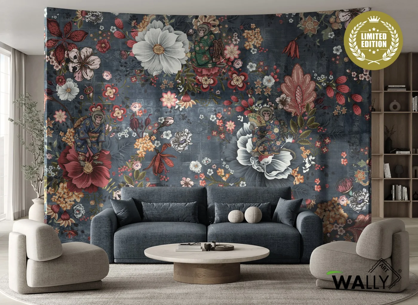 Carta da parati con fiori di varie dimensioni e animali