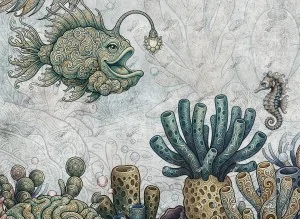 Pesci ornamentali e coralli caratterizzano il design esclusivo di Panarea®, una carta da parati dal forte valore decorativo.