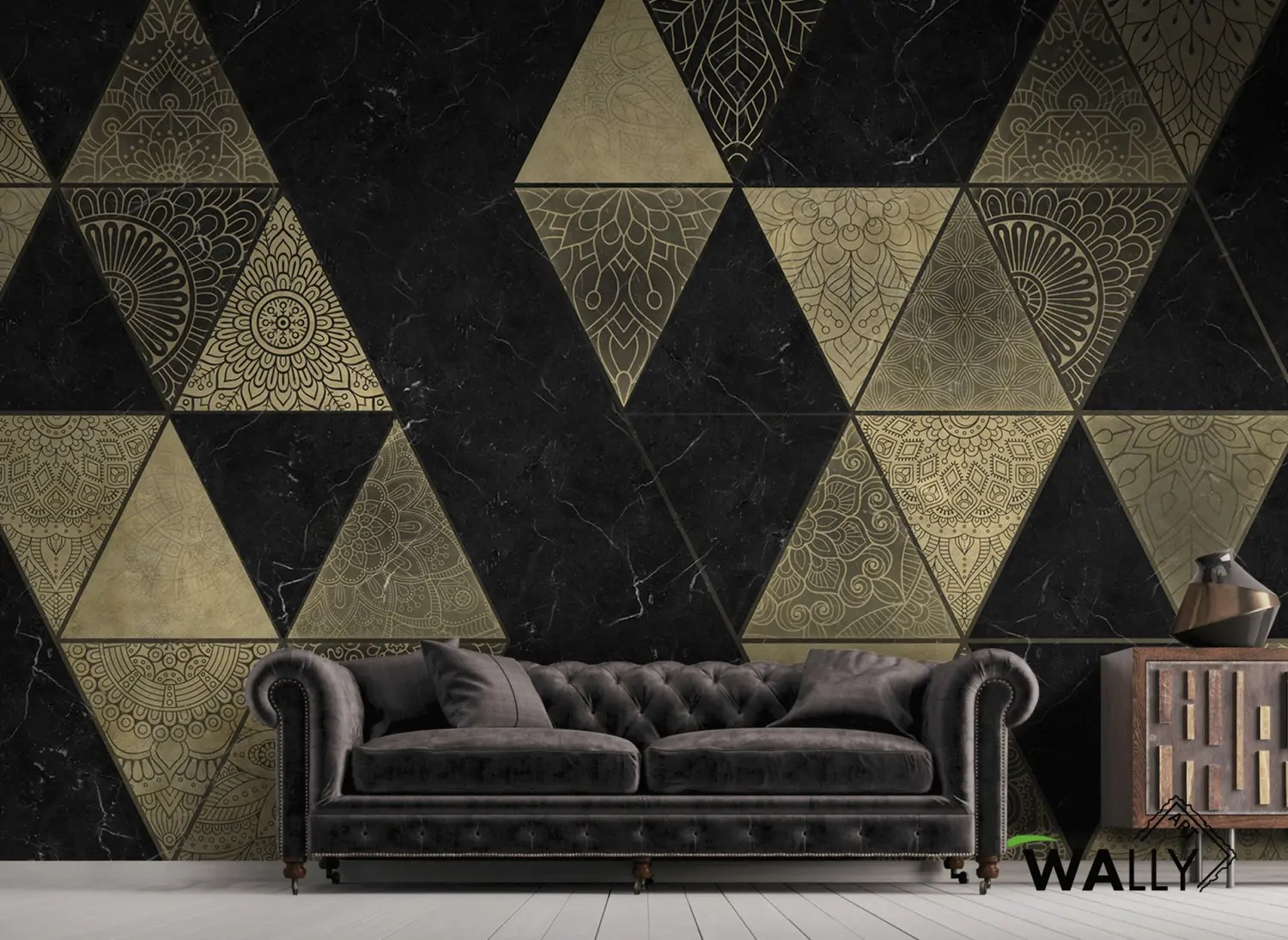 Carta da parati geometrica MASSIVE con motivi oro e nero per spazi contemporanei