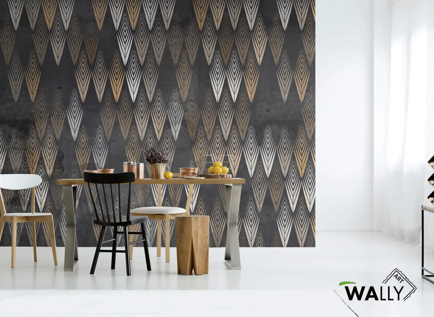 Carta da parati geometrica FLAKES con pattern audace e fondo scuro